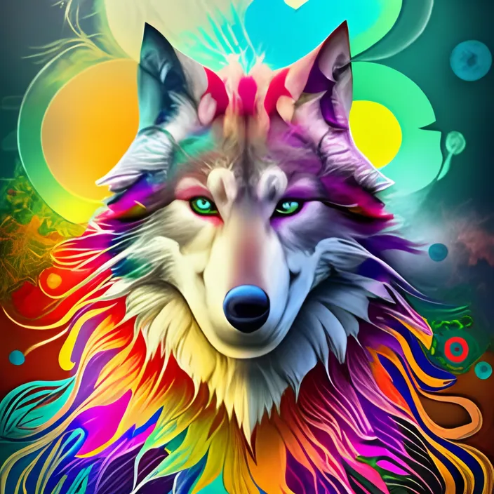 a painting of a wolf with a rainbow background