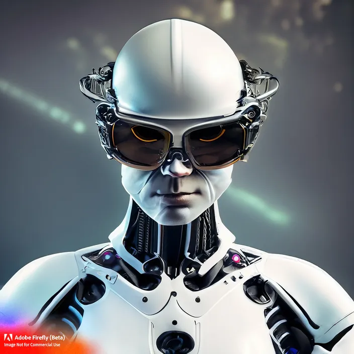 a robot with glasses and a futuristic suit