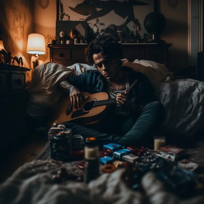 a person sitting on a bed with a guitar