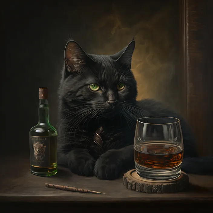 a painting of a black cat next to a glass of whiskey