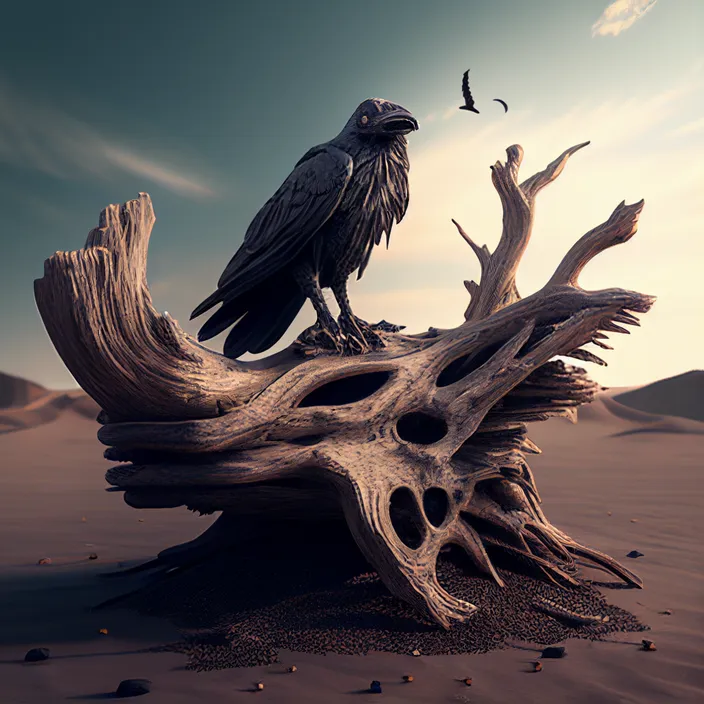 a bird sitting on top of a dead tree in the desert