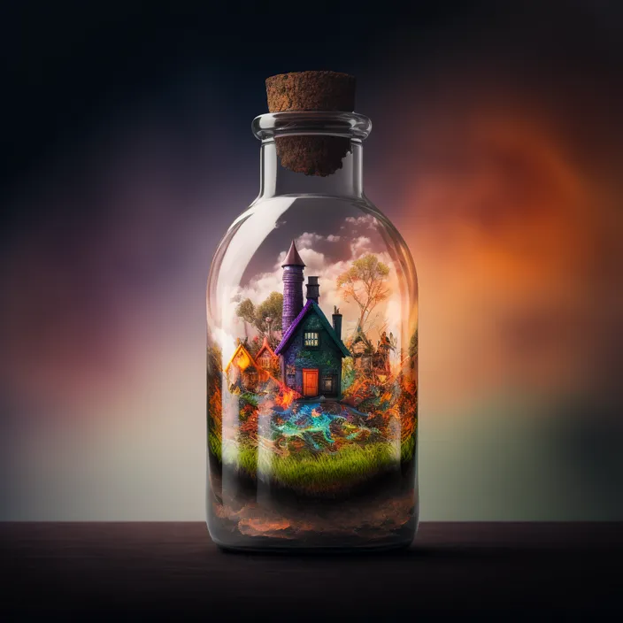 a glass bottle with a house inside of it