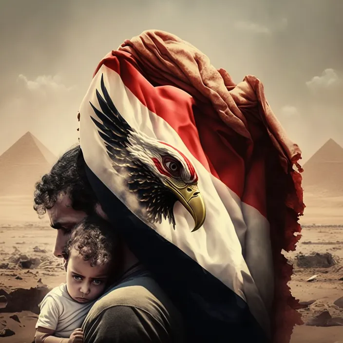 a man holding a child in front of the egyptian flag