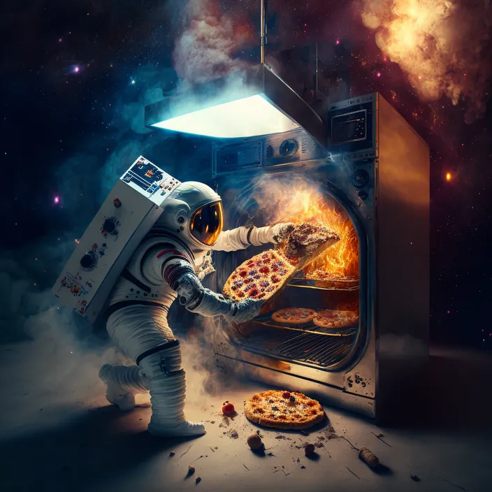 a man in an astronaut suit is putting pizza into an oven