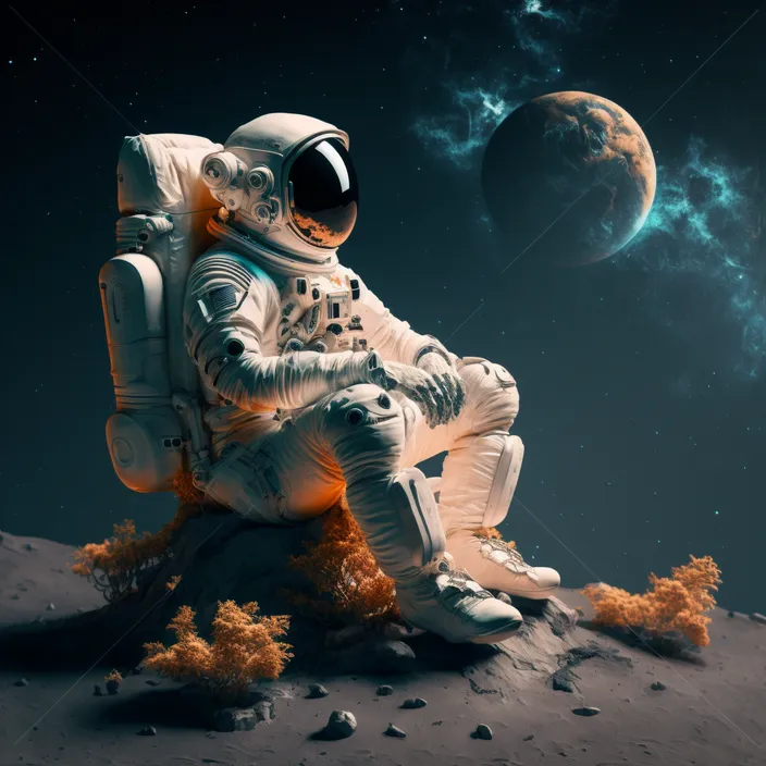 an astronaut sitting on the moon with a planet in the background