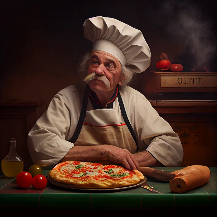 a painting of a man with a pizza in front of him