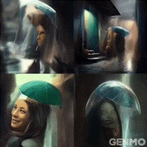 a collage of photos of a woman with an umbrella