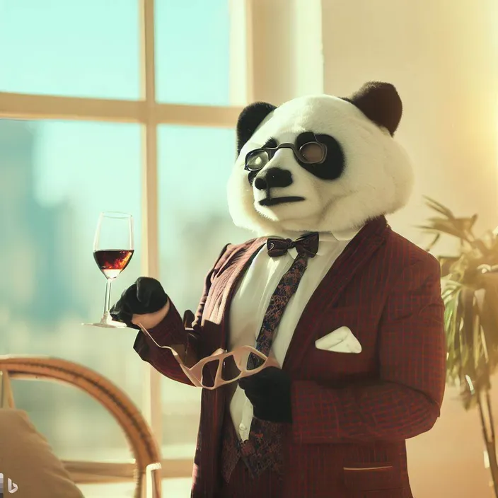 a man in a panda suit holding a glass of wine