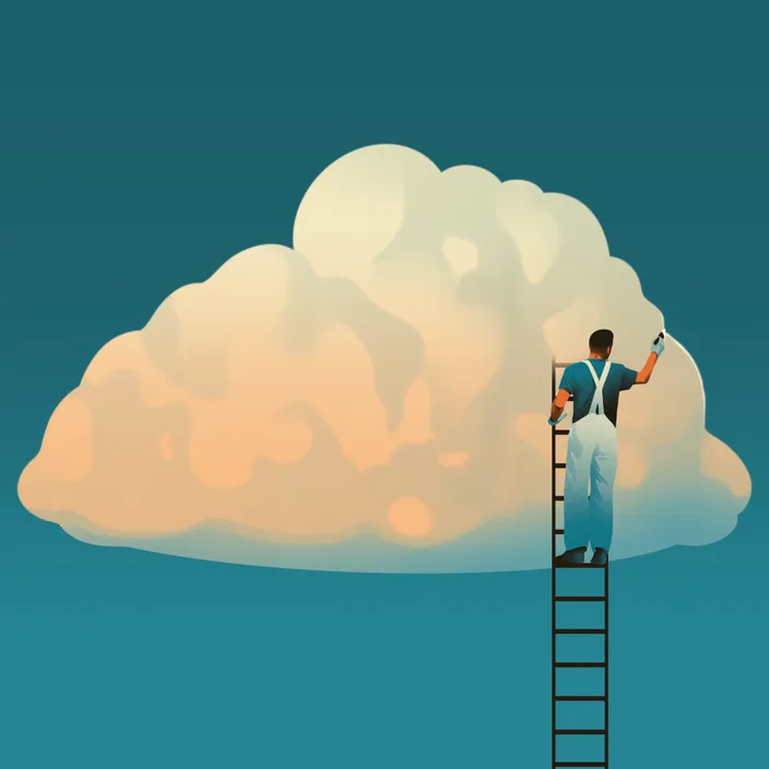 a man standing on a ladder reaching up to a cloud