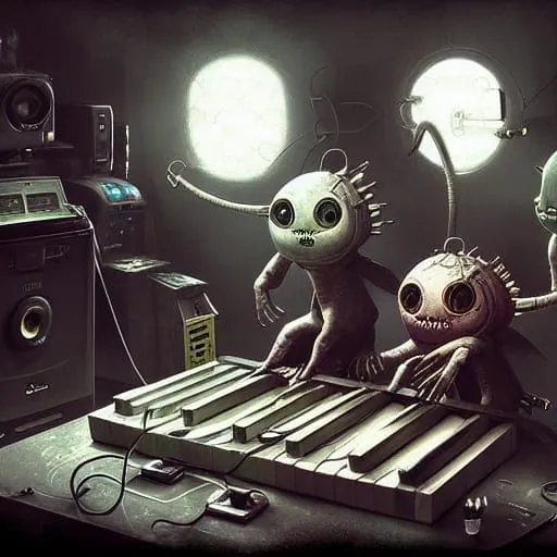 a couple of alien playing a keyboard in a room