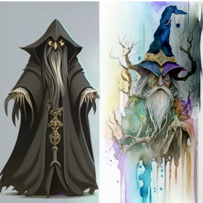 a drawing of a wizard standing next to another drawing of a wizard