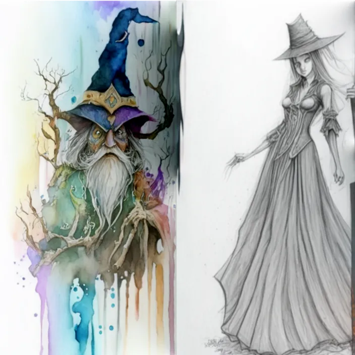 a drawing of a wizard in a long dress