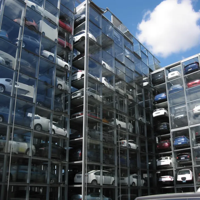 a large glass building with a bunch of cars in it