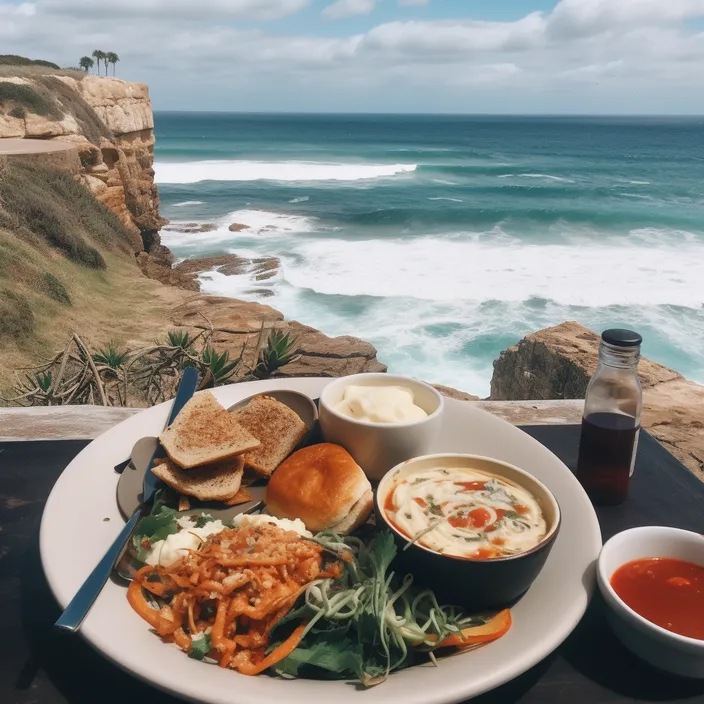 a plate of food on a table with a view of the ocean