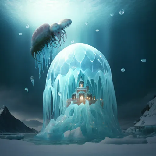 a giant jellyfish floating over a castle in the ocean