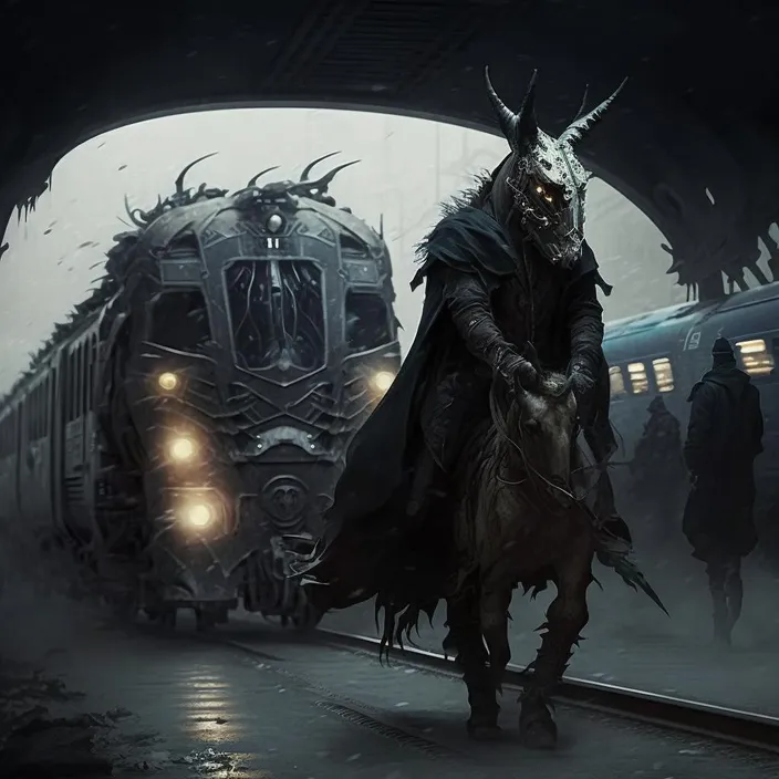 a man in a horned mask walking next to a train