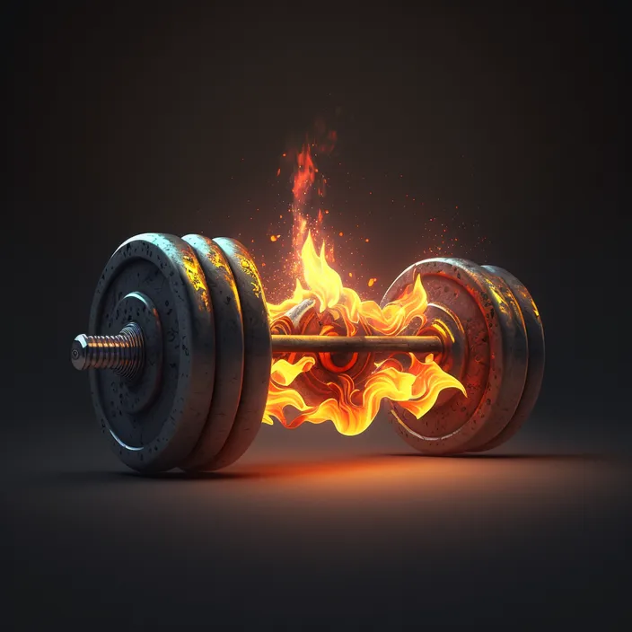 a barbell on fire with a black background