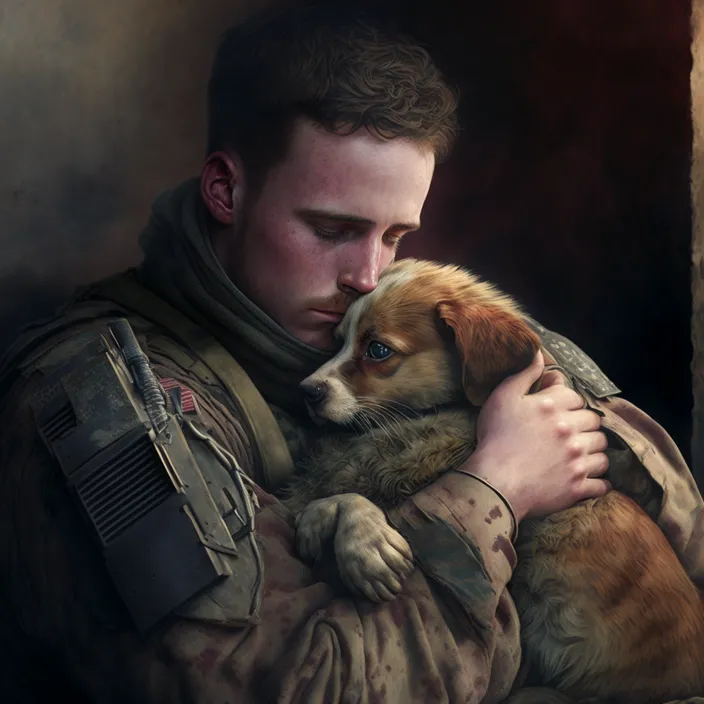 a painting of a man holding a dog