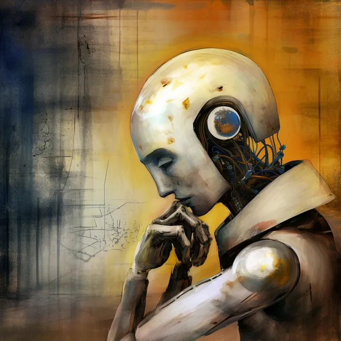 a painting of a robot holding his hand to his face