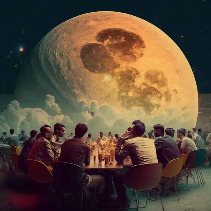 a group of people sitting at a table in front of a giant moon