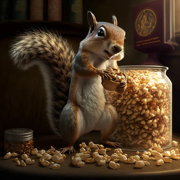 a painting of a squirrel eating peanuts from a jar