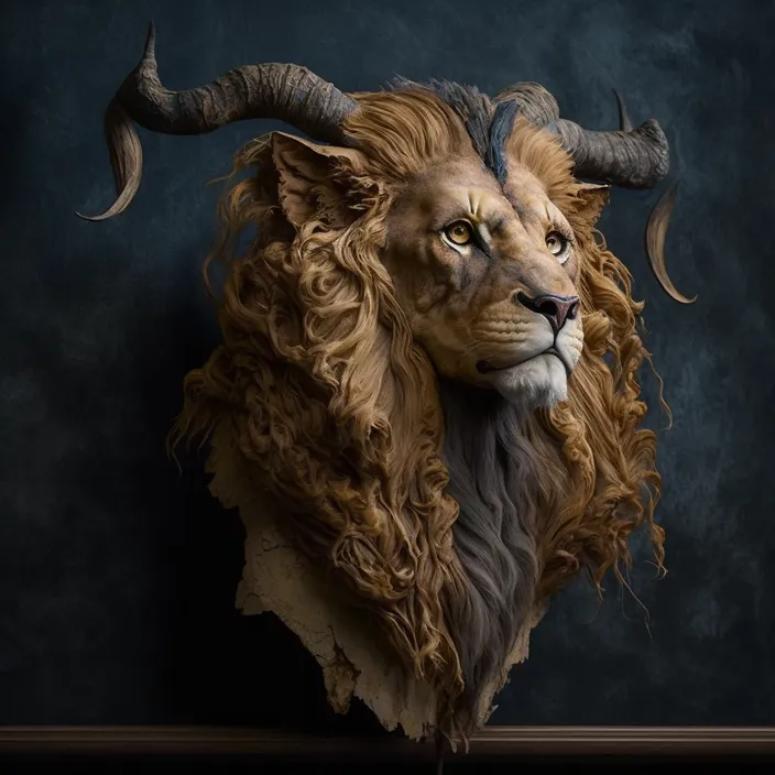 a lion's head with horns and long hair