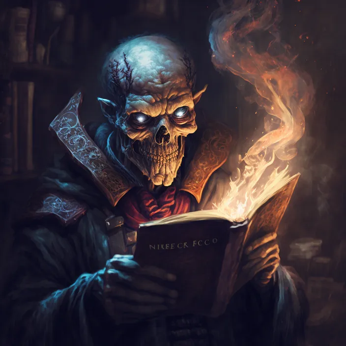 a skeleton reading a book while wearing a horned head