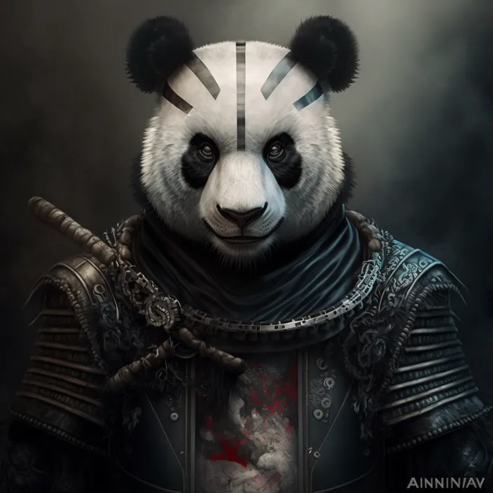 a panda bear dressed in armor and holding two swords