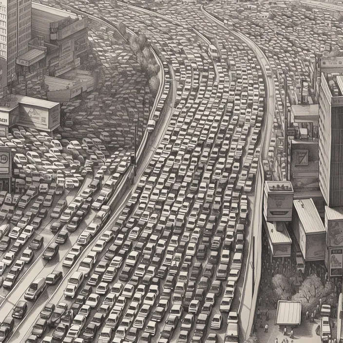 a black and white photo of a traffic jam