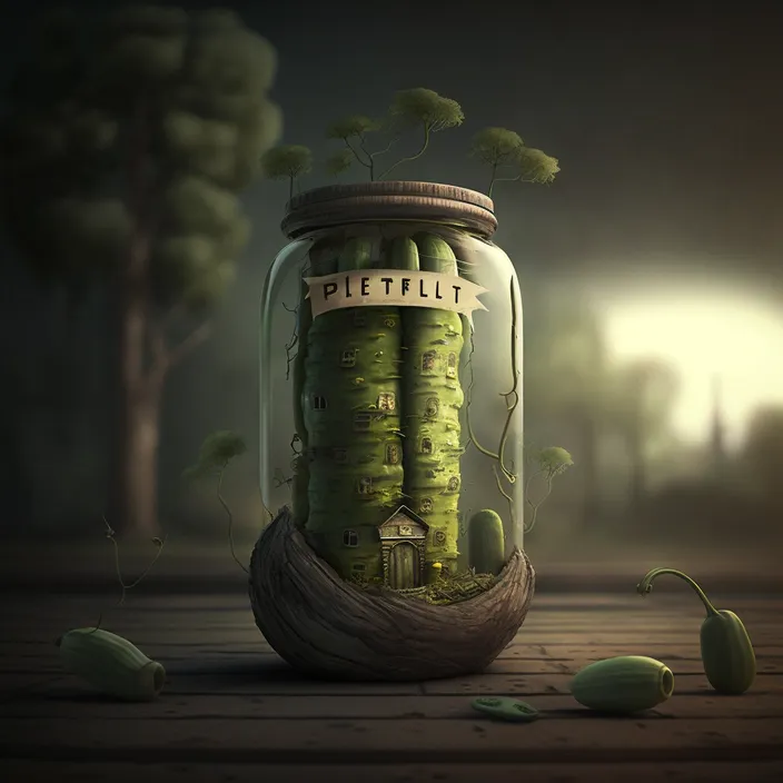 a jar filled with pickles sitting on top of a wooden floor