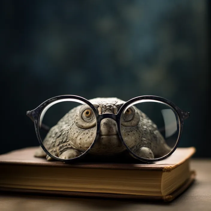 a frog wearing glasses sitting on top of a book