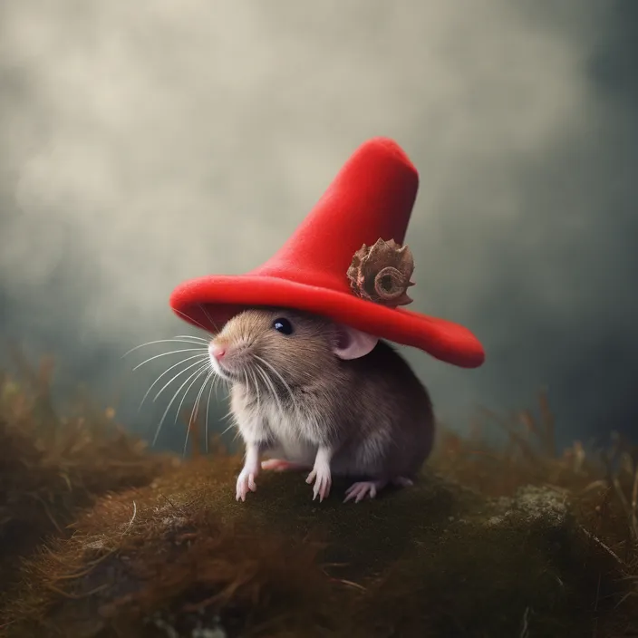 a mouse with a red hat on its head