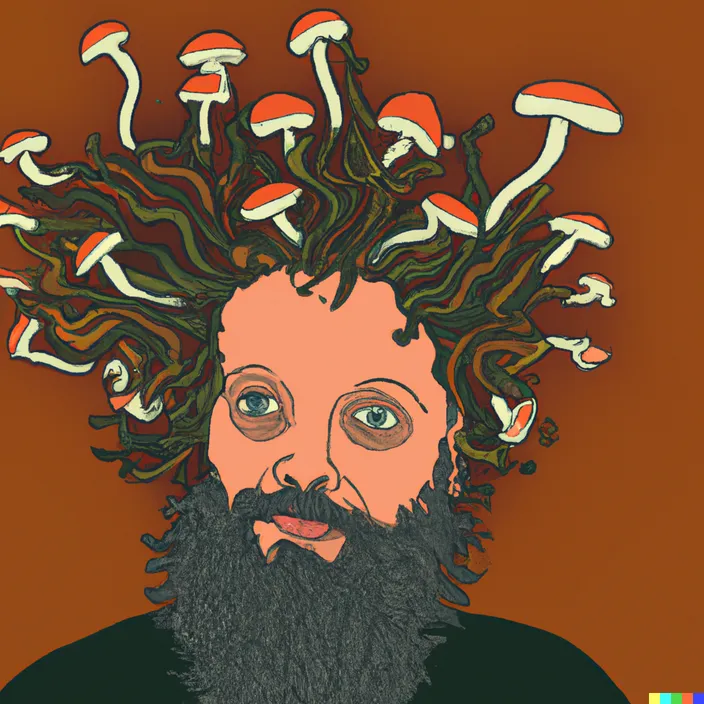 man with a beard, in the style of psychedelic overload, mushroomcore, made of vines, punctuated caricature, colorized, calarts, mike judge