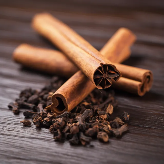 cinnamons and cloves on a wooden table