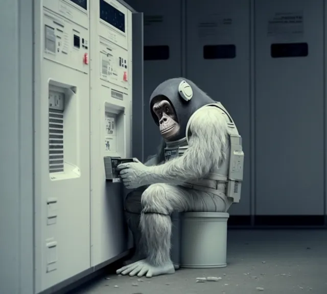 a monkey sitting on top of a trash can next to a machine