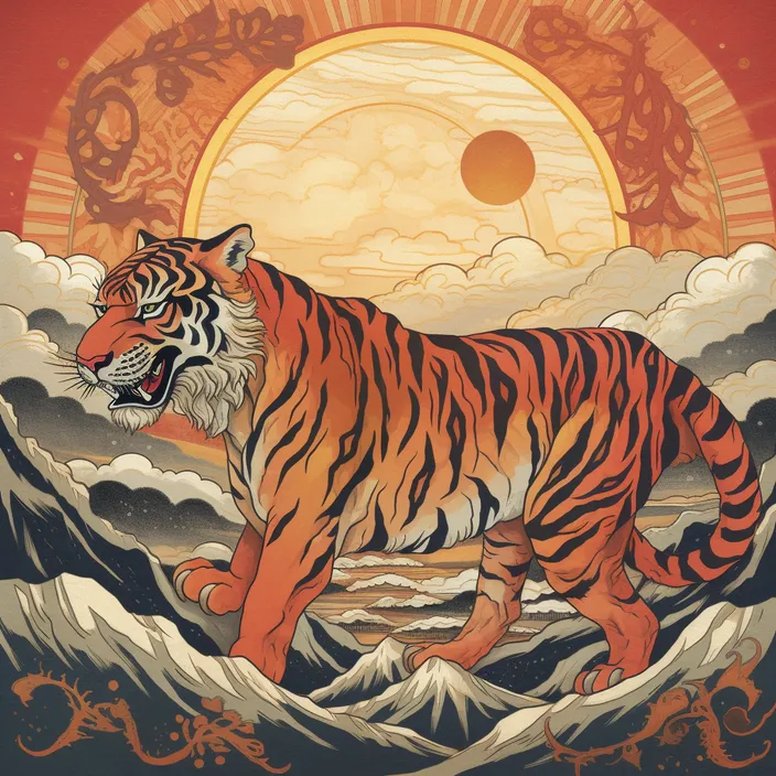 a painting of a tiger walking across a mountain