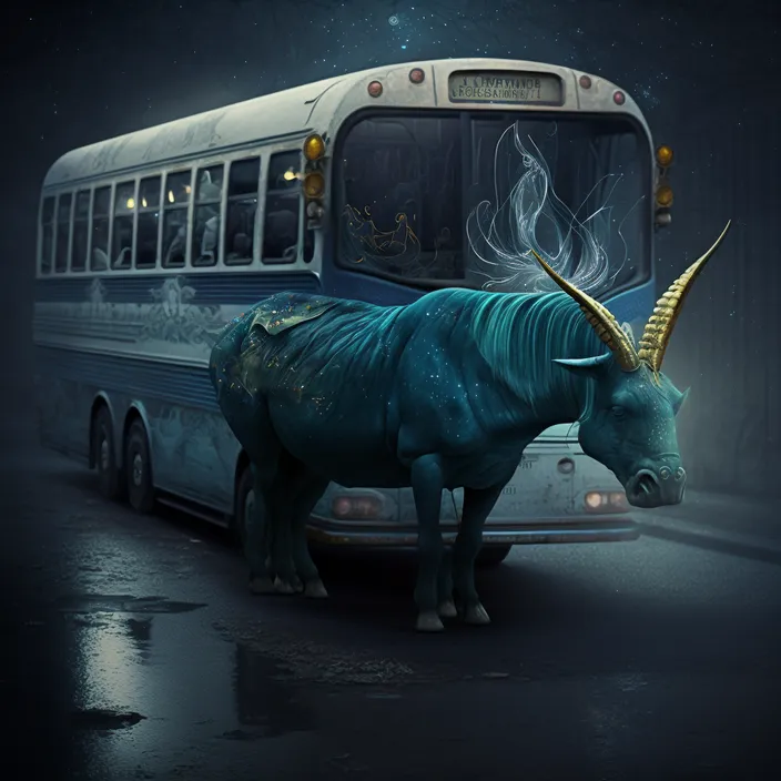 a bus with a horned bull standing in front of it