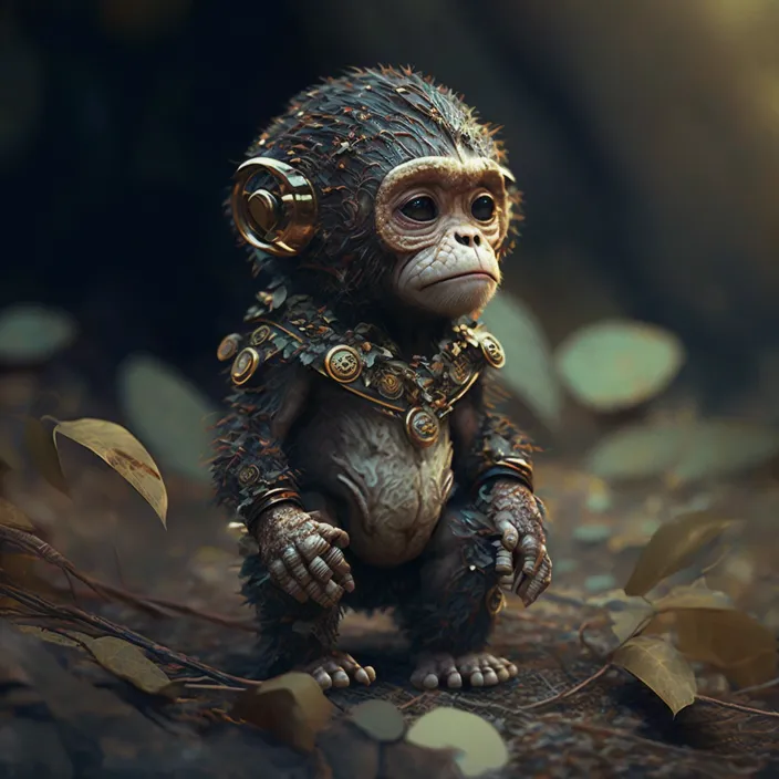 a small monkey sitting on top of a pile of leaves