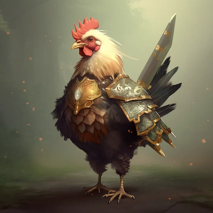 a chicken dressed in armor and holding a sword