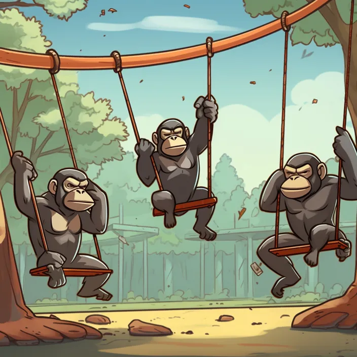 a group of monkeys hanging from a rope