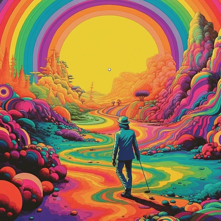 a painting of a man walking down a colorful path