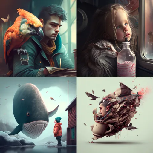 four different paintings of people and animals