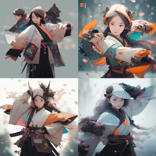 four pictures of a woman dressed in oriental clothing