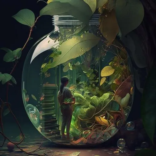 a man standing inside of a fish bowl filled with plants