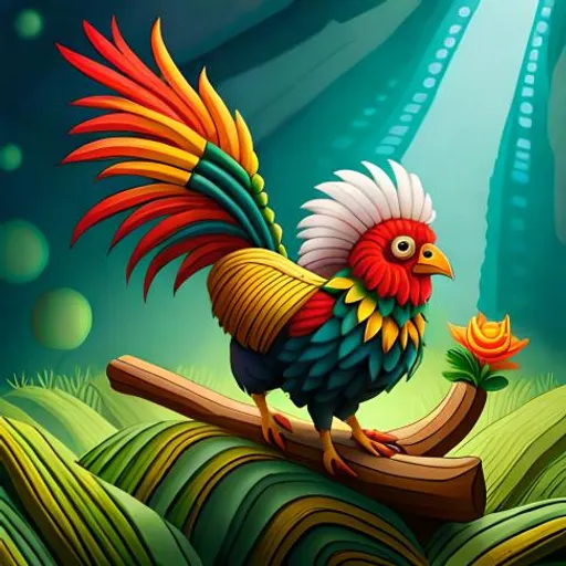 a colorful rooster standing on a piece of wood