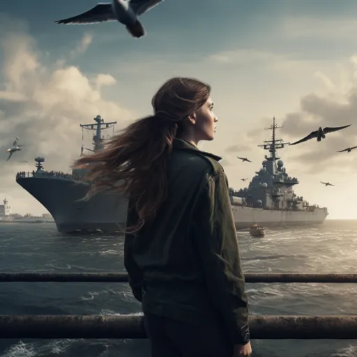 a woman standing on a pier looking at a ship