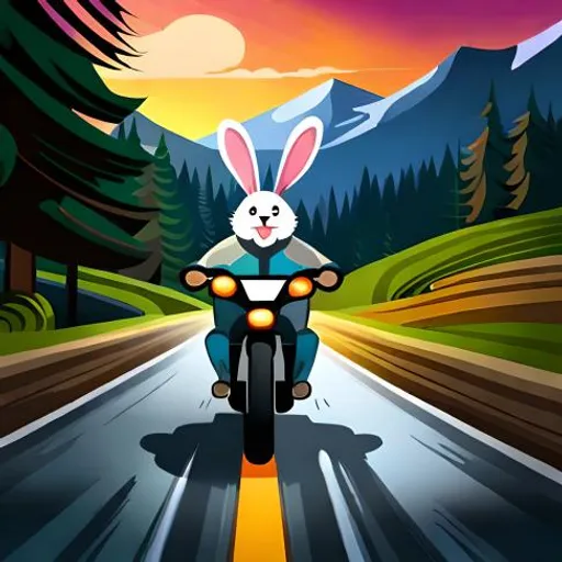 a rabbit is riding a motorcycle down the road