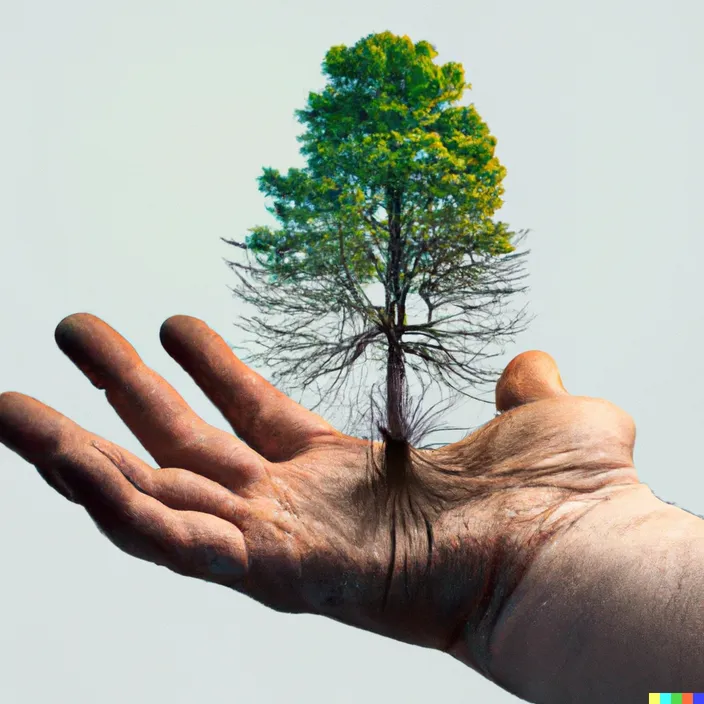 a person's hand with a tree in the palm