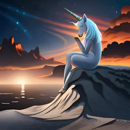 a unicorn sitting on top of a rock next to the ocean