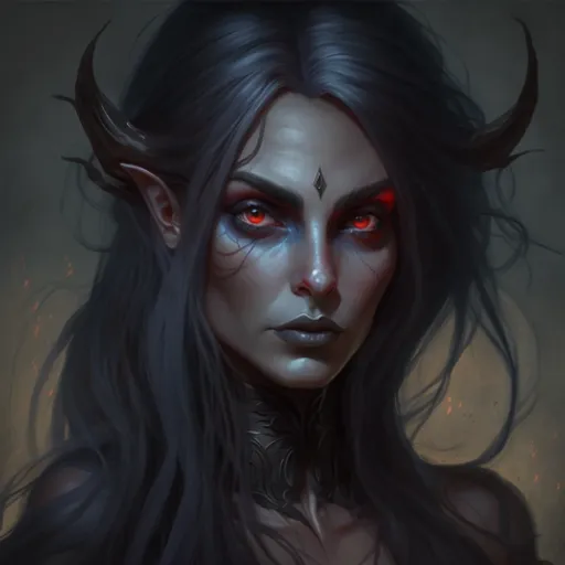 a painting of a woman with horns and red eyes